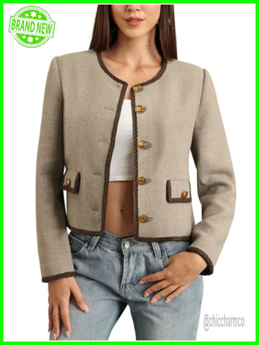 Womens Cropped Tweed Jacket Collarless Pockets Button Blazer